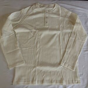 Cream Ribbed Henley Long Sleeve Snap Button Top Size L NWOT